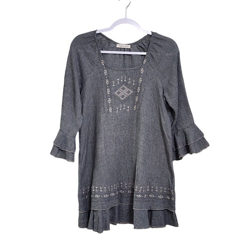 Indigo Soul Boho tunic top gray embroidered tiered bottom Sz S